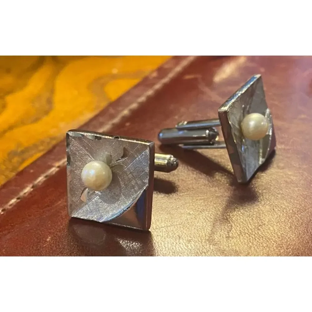 VTG Silver Tone and Faux Pearl Cufflinks